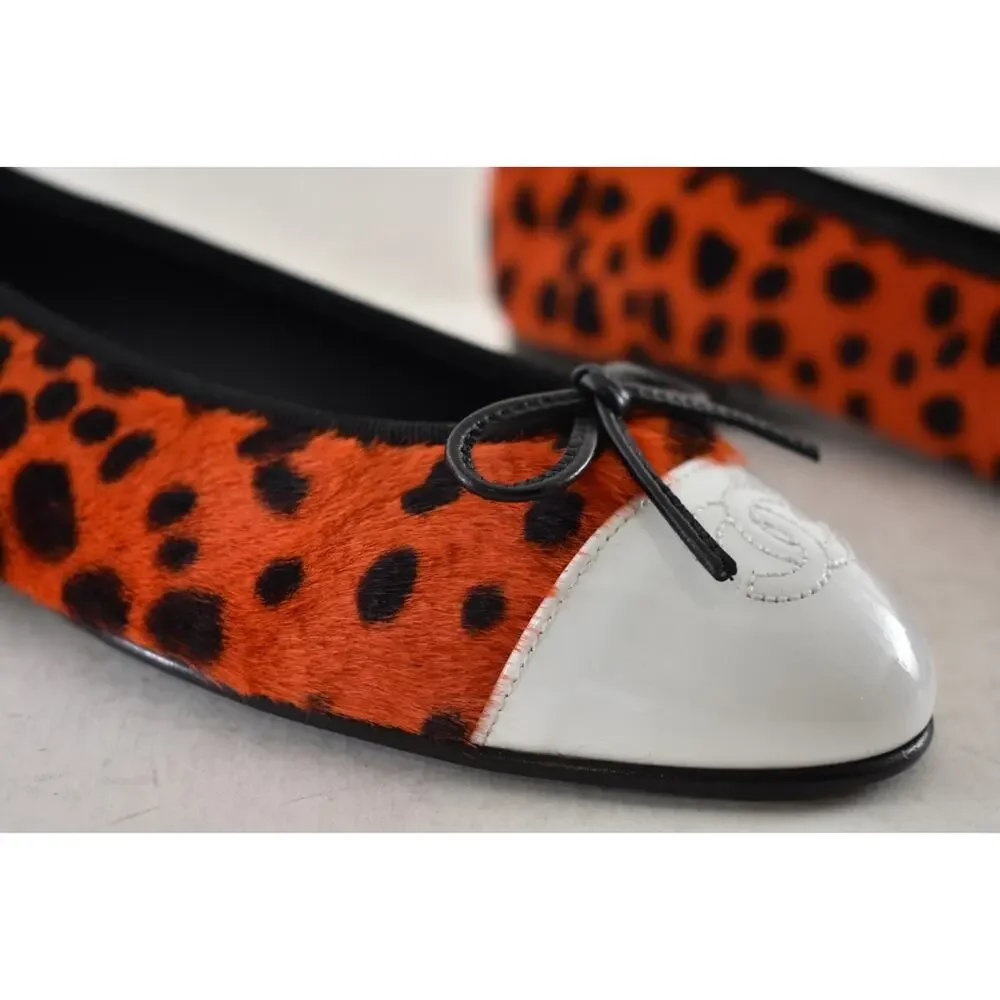 Chanel 26A Orange Leopard Pony Fur Black White CC Logo Ballet Ballerina Flat 39